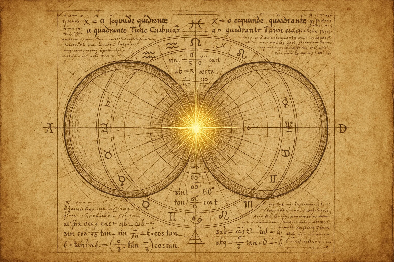 The Astrological Conjunction: Two planetary spheres merging into a central point of light on ancient parchment.